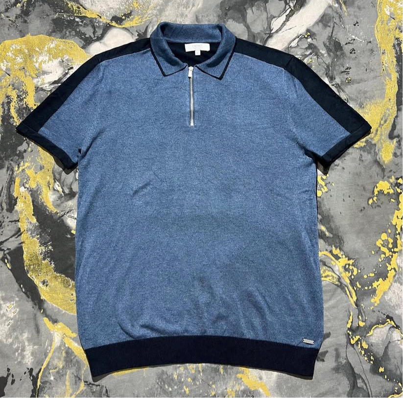 Blue Two Toned Soft Zipper Knitted Polo