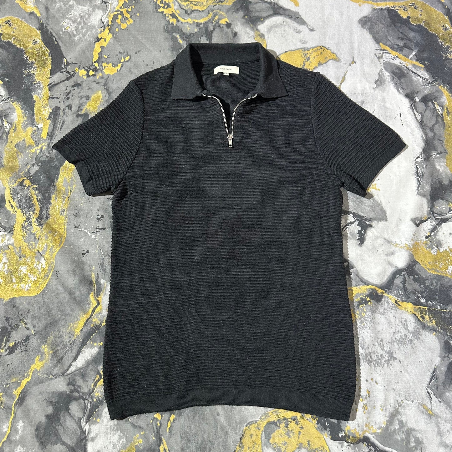 Black Patterned Knitted Zipper Polo
