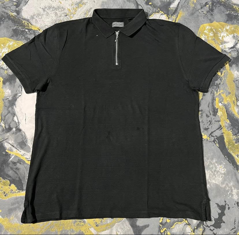 Jet Black Waffle Textured Knitted Half Polo Zipper