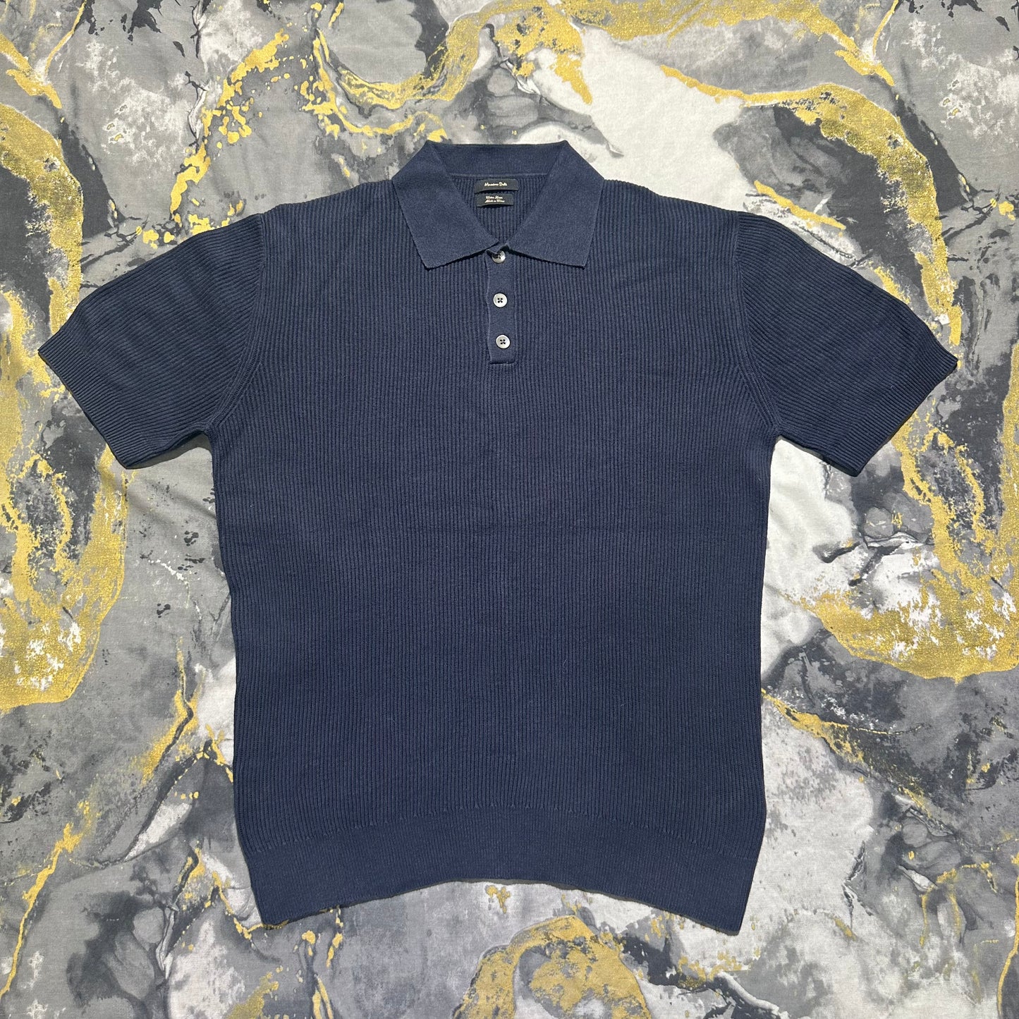 Massimo Dutti Cotton Linen Dark Blue Ribbed Knit Polo