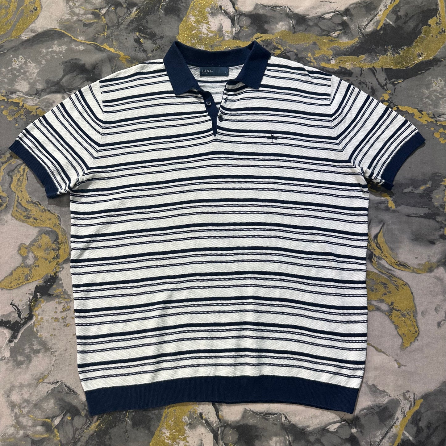 Dark Blue and White Stripes Knitted Polo