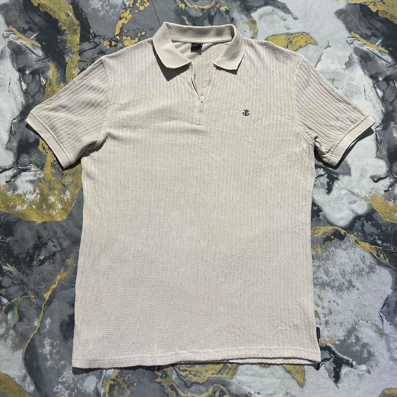 Beige Textured Half Zipper Polo