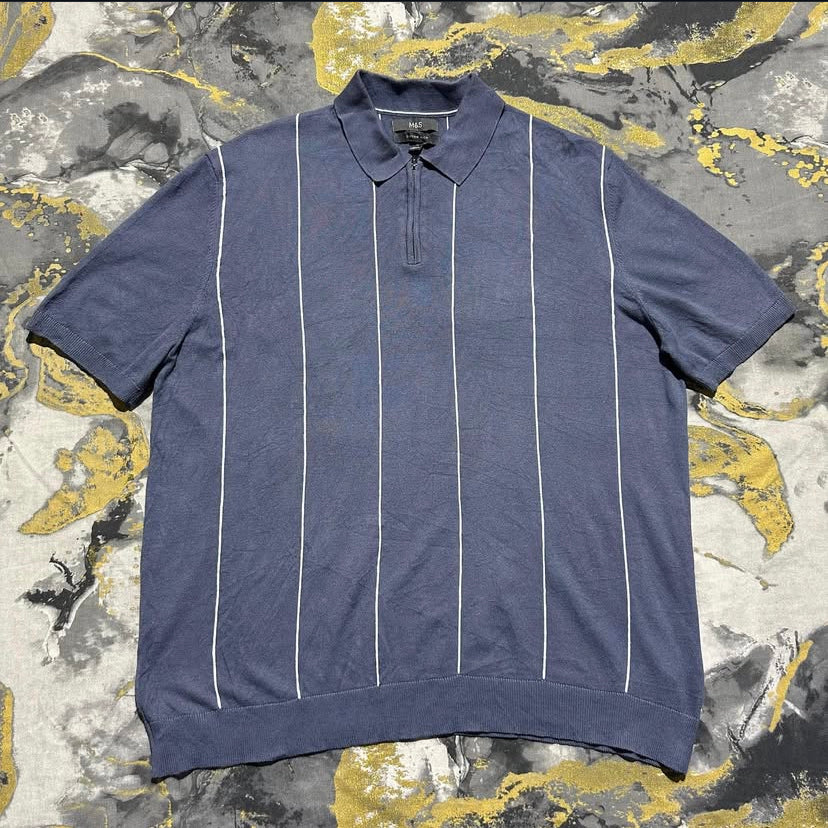 Graysih Blue with White Stripes Zipper polo