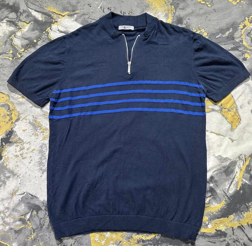 Ban Collar Navy-Blue Zipper Half Sleeves Polo
