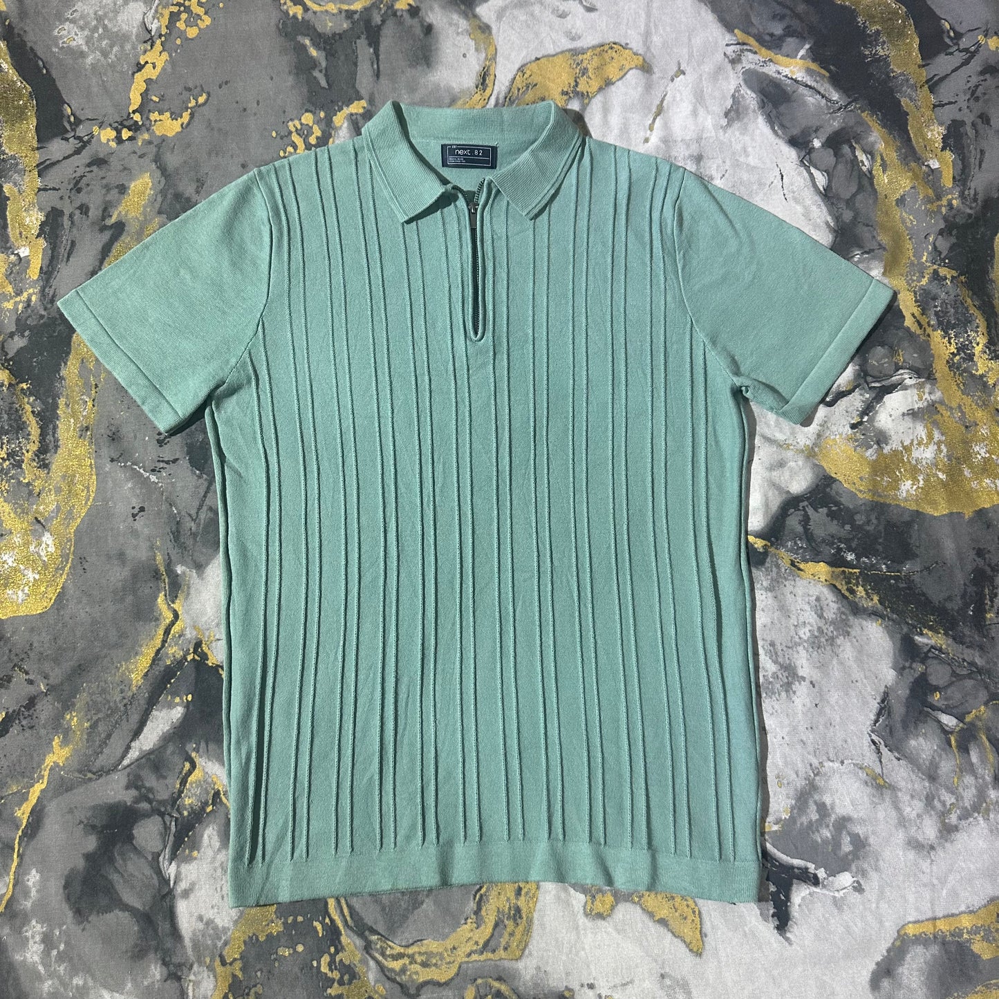 Turquoise Green Striped Knit Zipper Polo