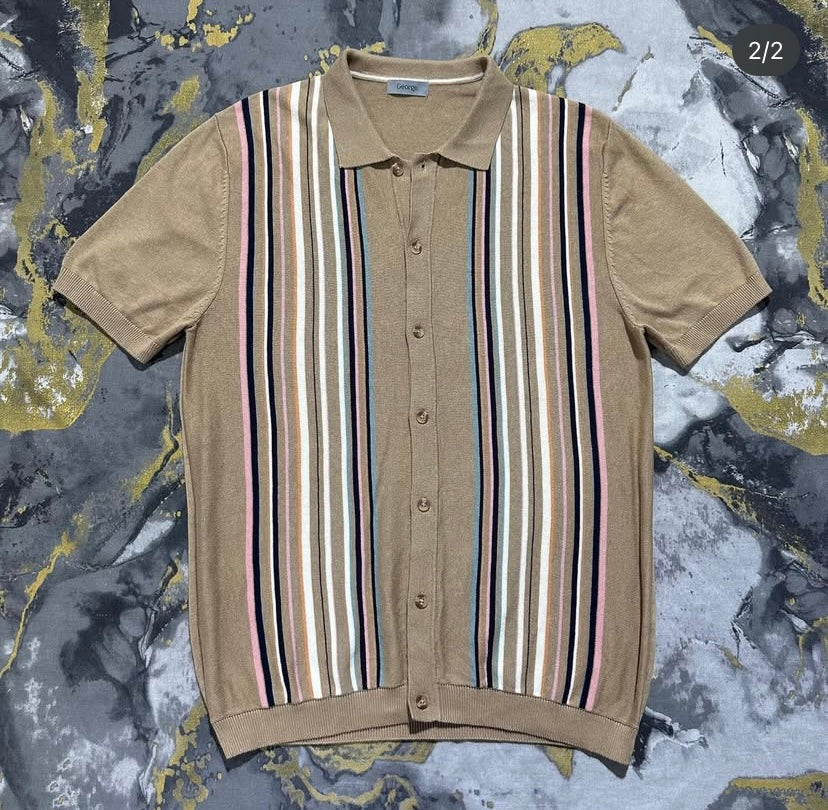 Brown Striped Button Down Polo