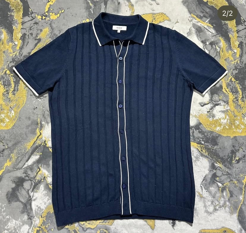 Navy Blue Knitted Button Down Polo