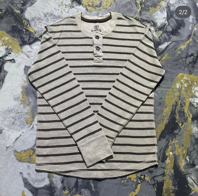 Skin-Brown Striped Full Sleeves Henley Shirt