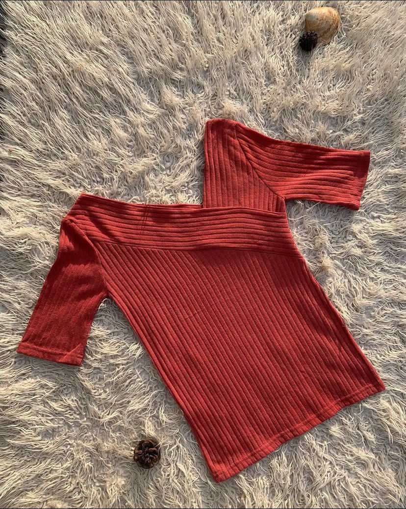 Red Ribed V-Neck