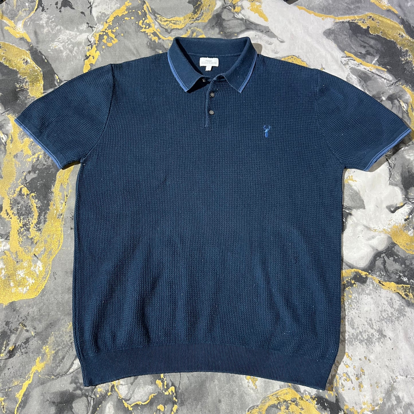 Dark Blue Patterned Line Knit Polo