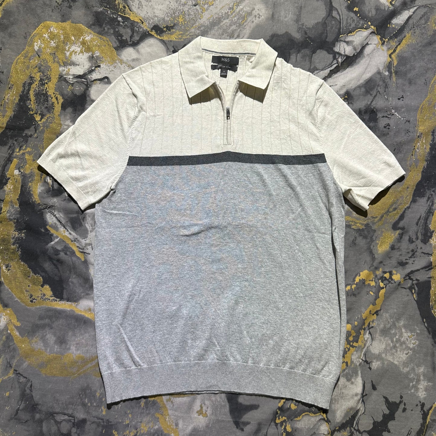 M&S White and Gray Cotton Rich Zipper Knitted Polo