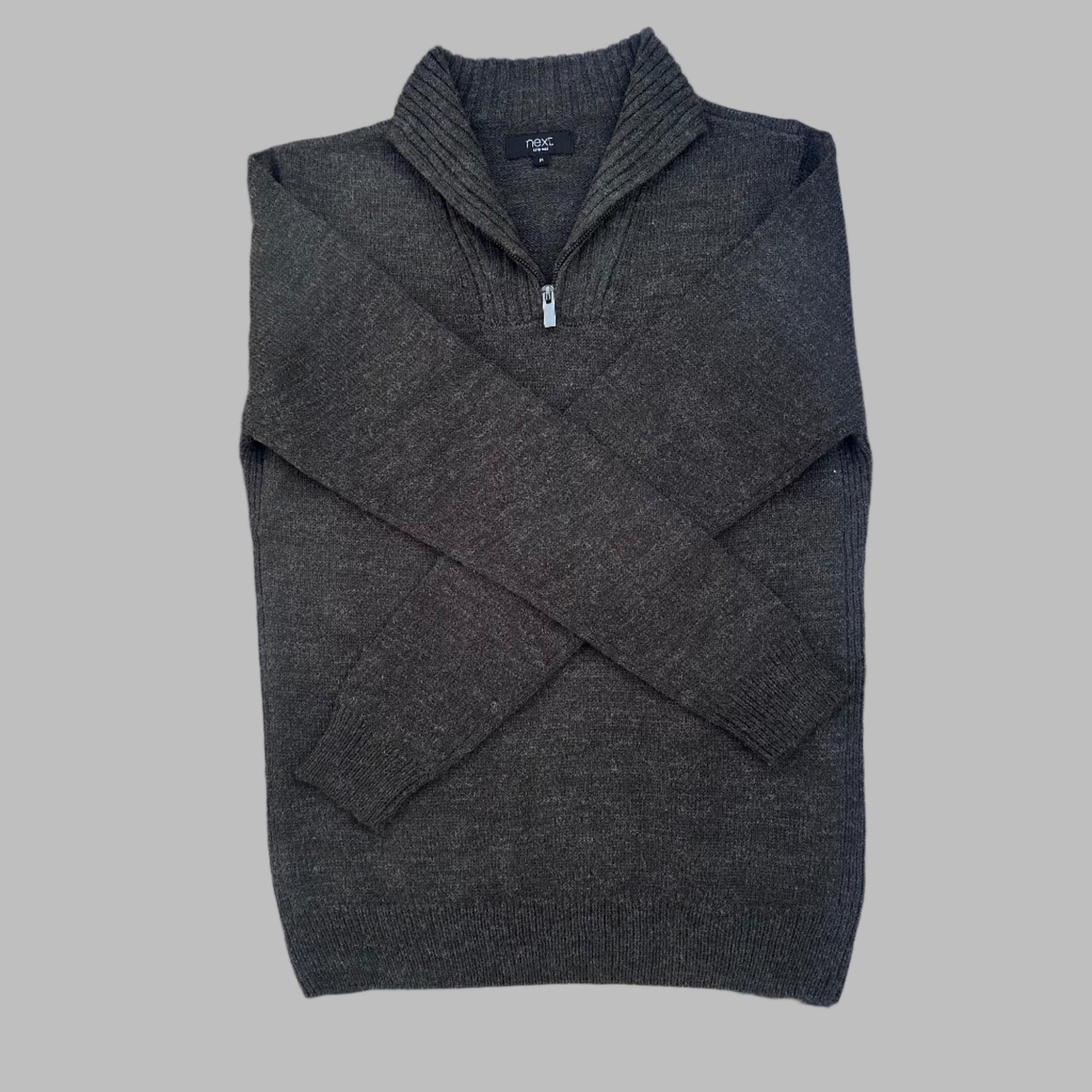 Dark Gray Knitted Full Sleeves Half Zipper Sweater