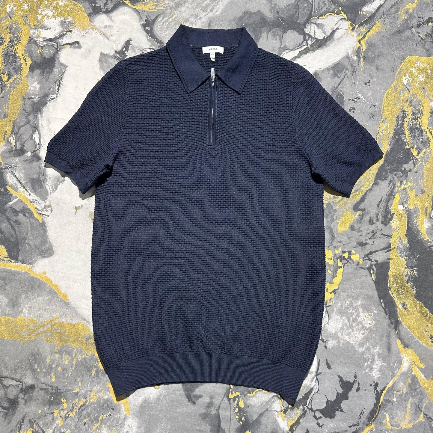 Navy-Blue Square Textured Zipper Knitted Polo