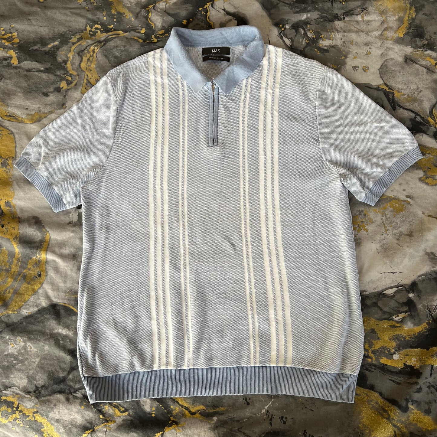 M&S Light Blue/White Stripes Knitted Zipper Polo