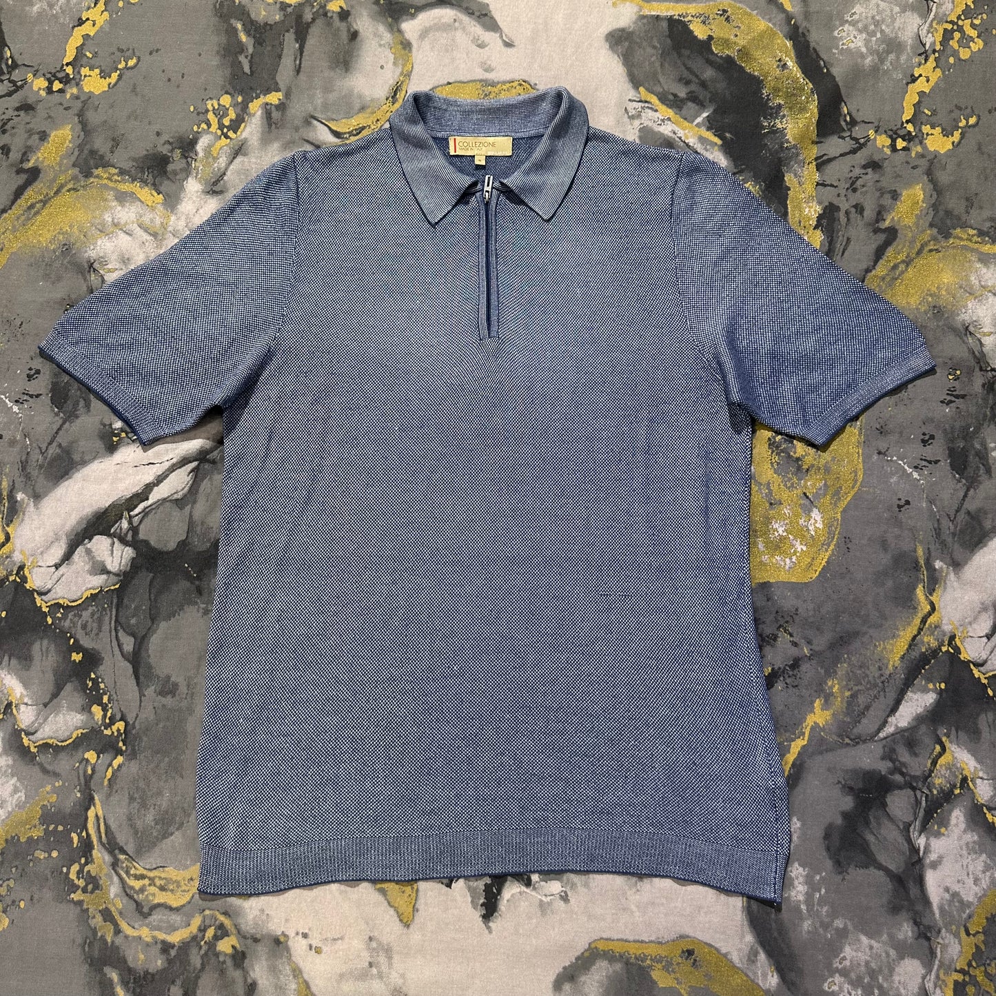 M&S Collezione Blue and White Thread Knitted Zipper Polo