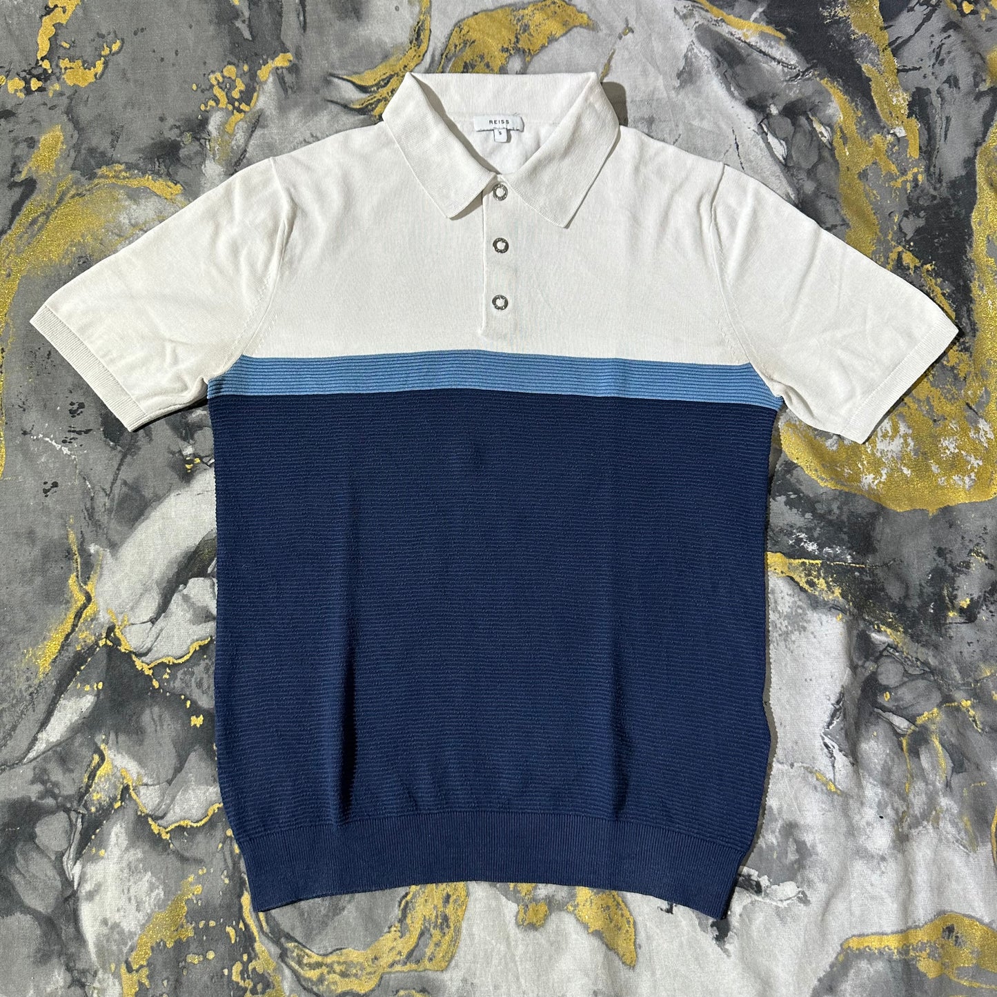 Two Toned White and Blue Knitted Polo