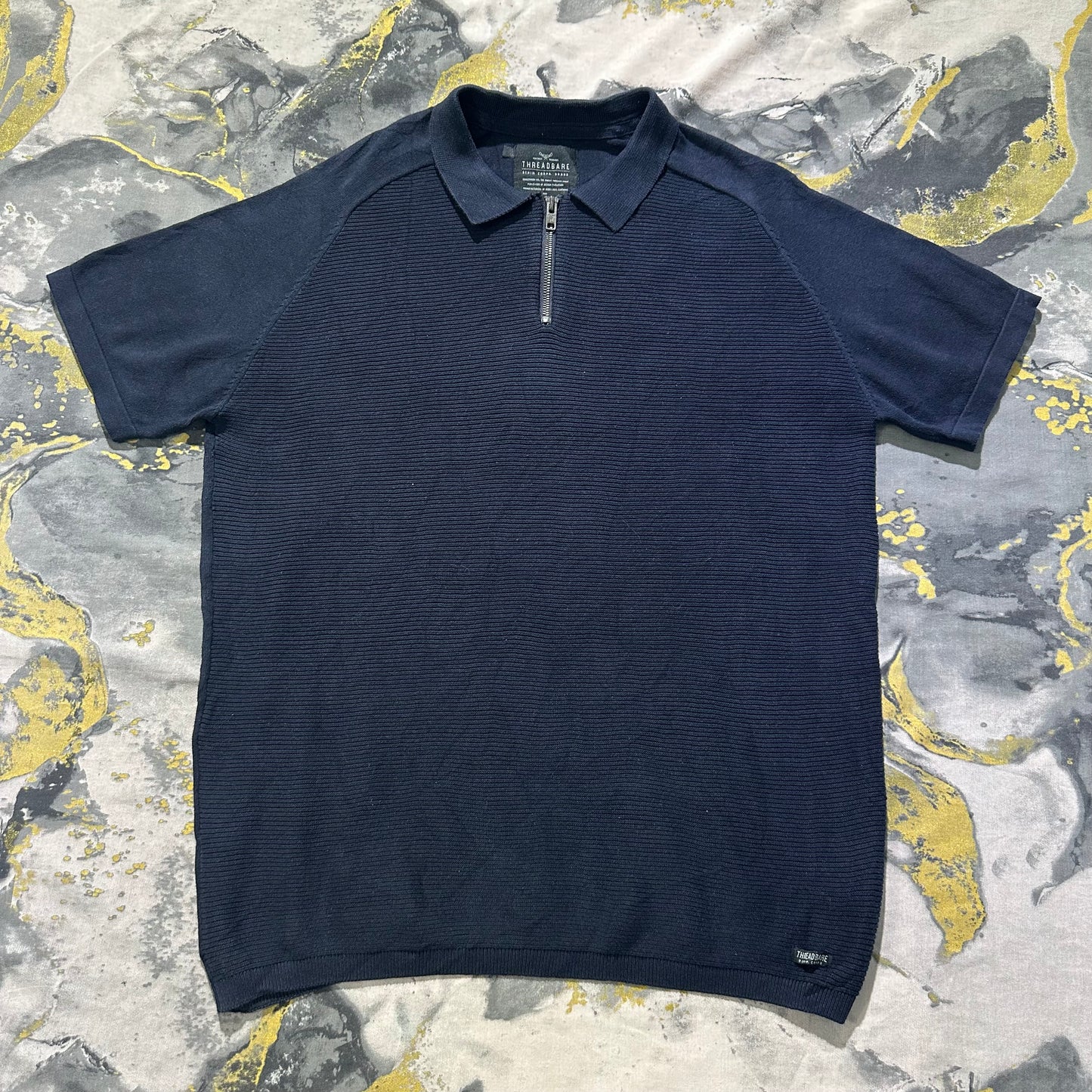 Threadbare Dark Blue Patterned Knitted Zipper Polo