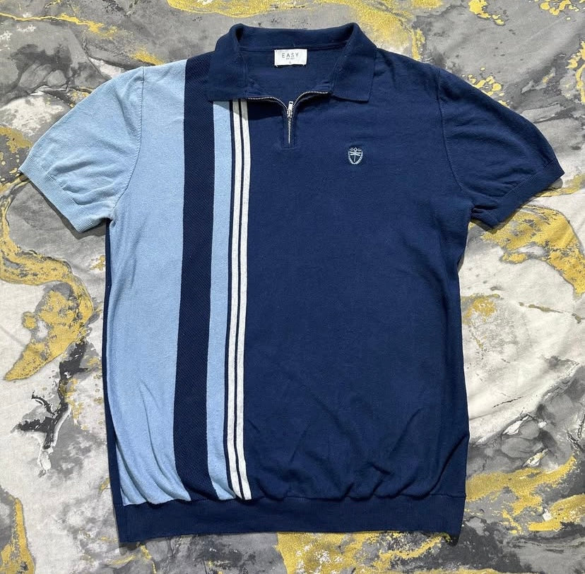 Two Tones Blue Striped Zipper Polo