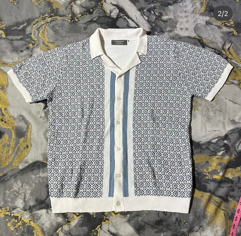 Blue-White Patterned Button Down Polo