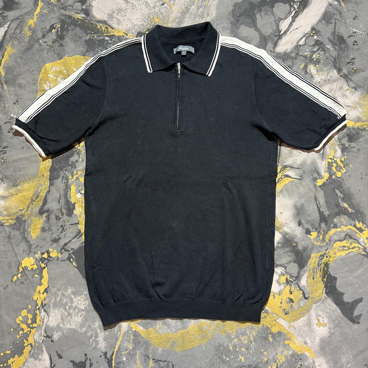 Black with White Striped Cotton Zipper Polo