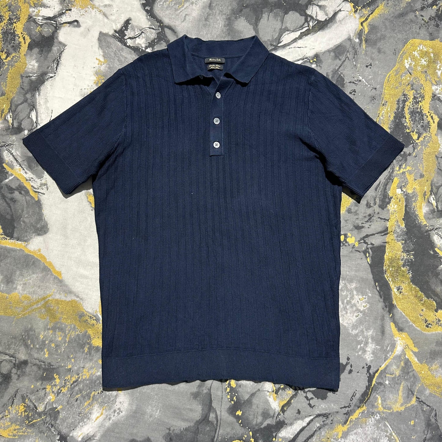 Navy-Blue Patterned Knit Silk Polo