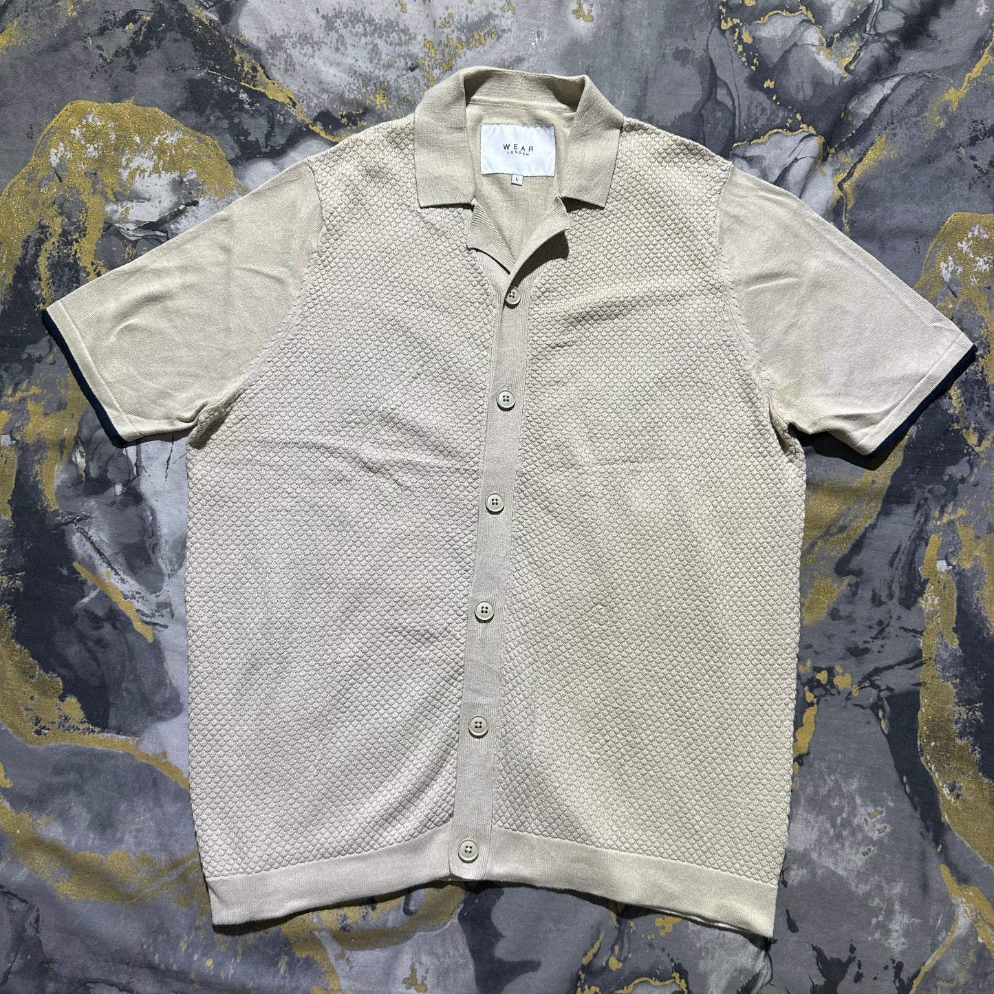 Cream Patterned Knitted Half Sleeves Buttoned Down
