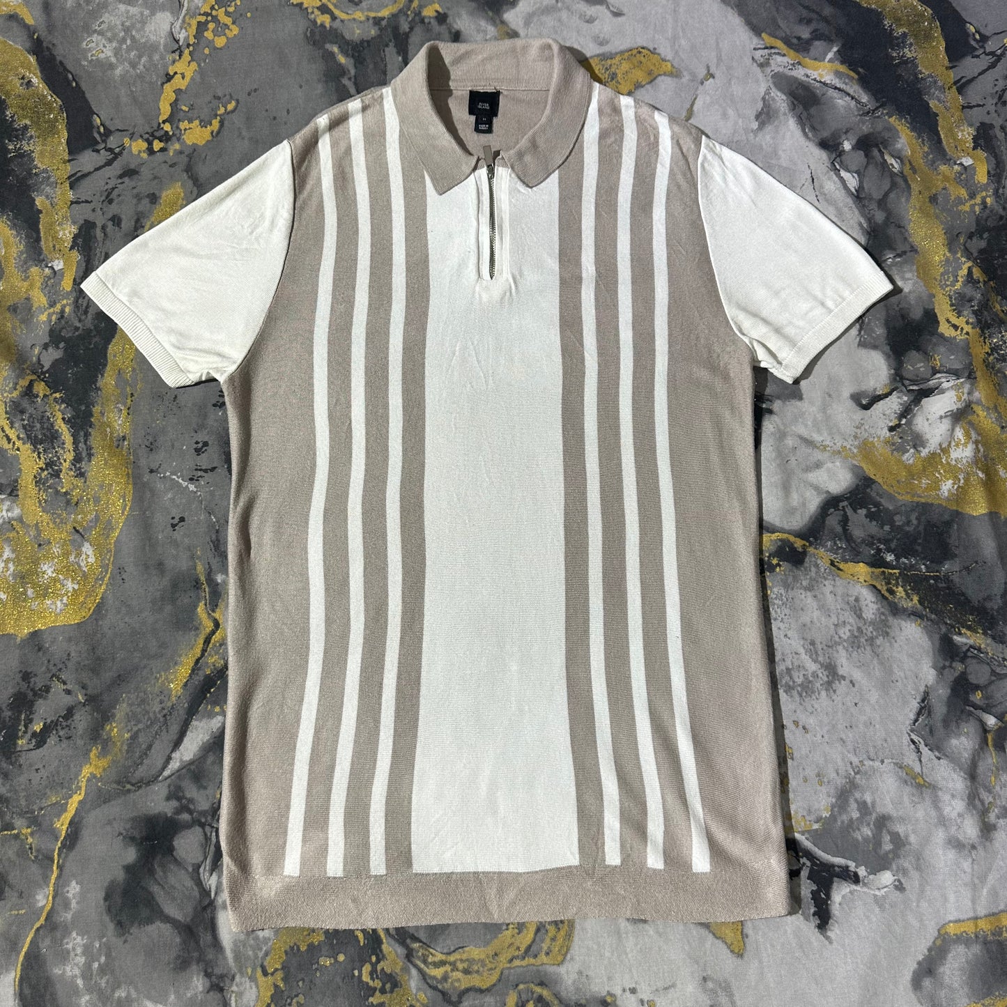 Beige/White Stripes Silk Cotton Zipper Polo
