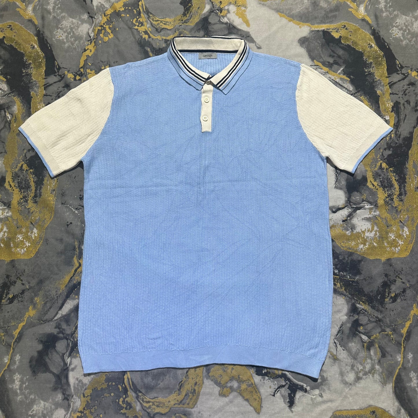Sky Blue & White Waffle knit Textured Knit Polo