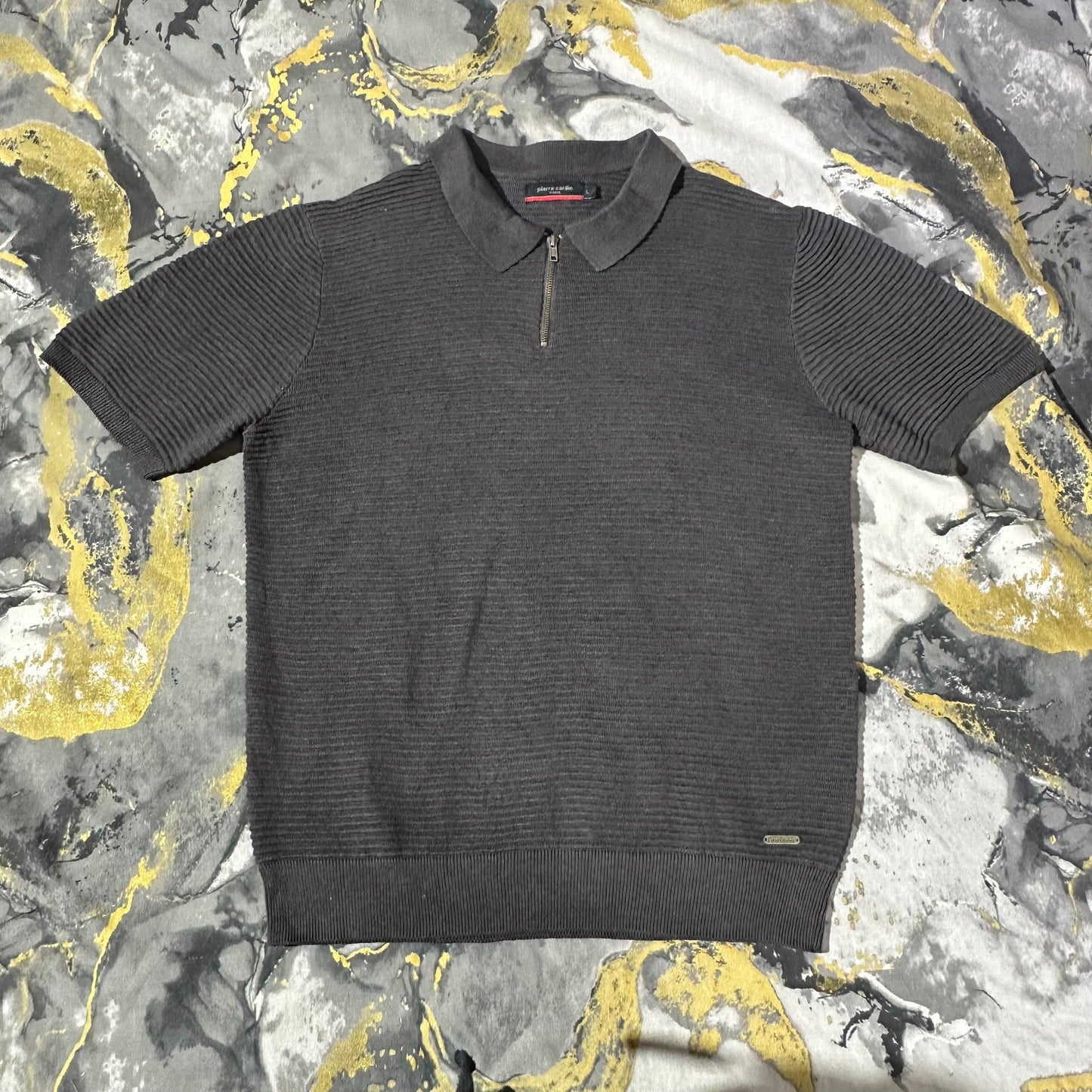 Pierre Cardin Gray Patterned Knitted Zipper Polo