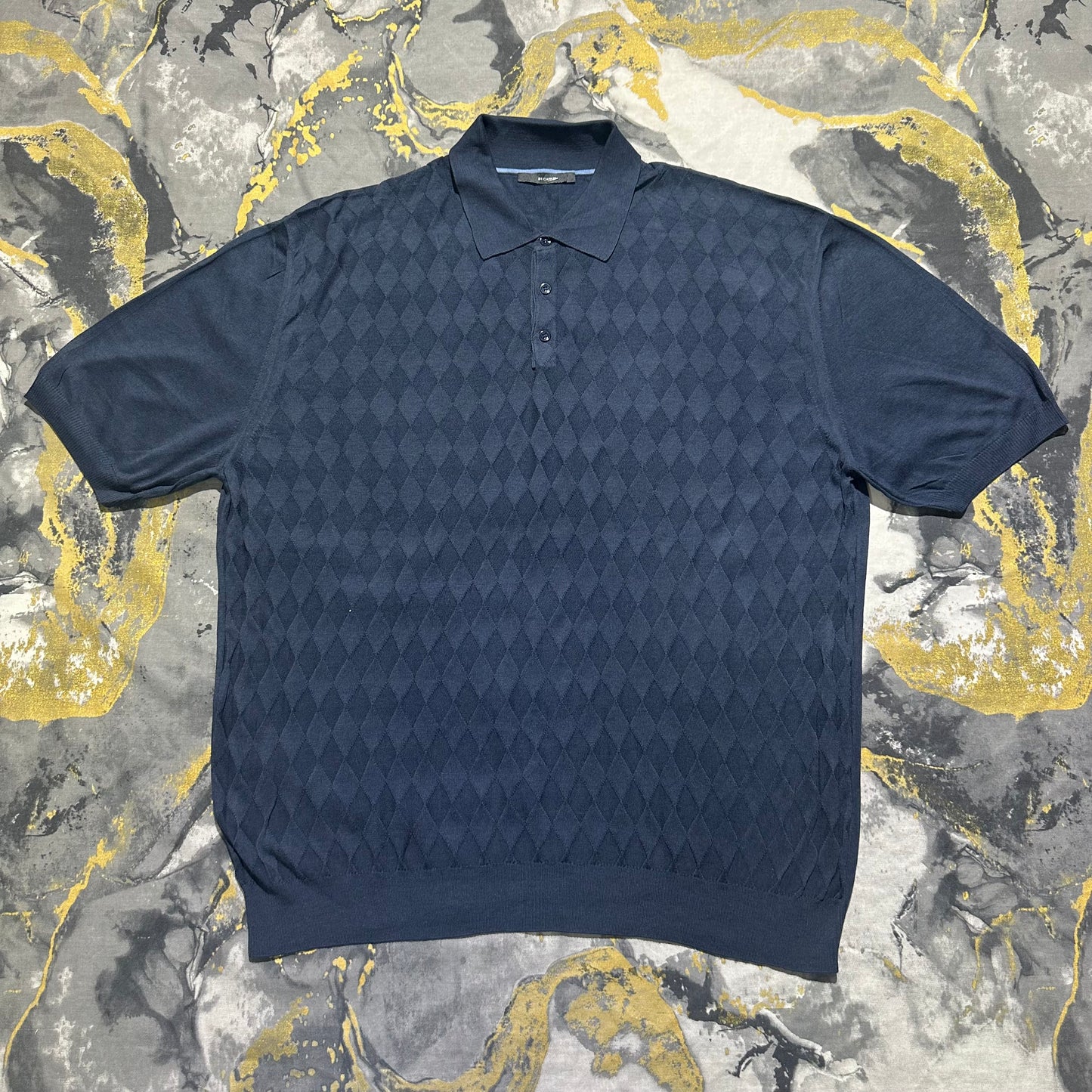 Dark Blue Luxury Silk Cotton Geometrical Pattern Knitted Polo