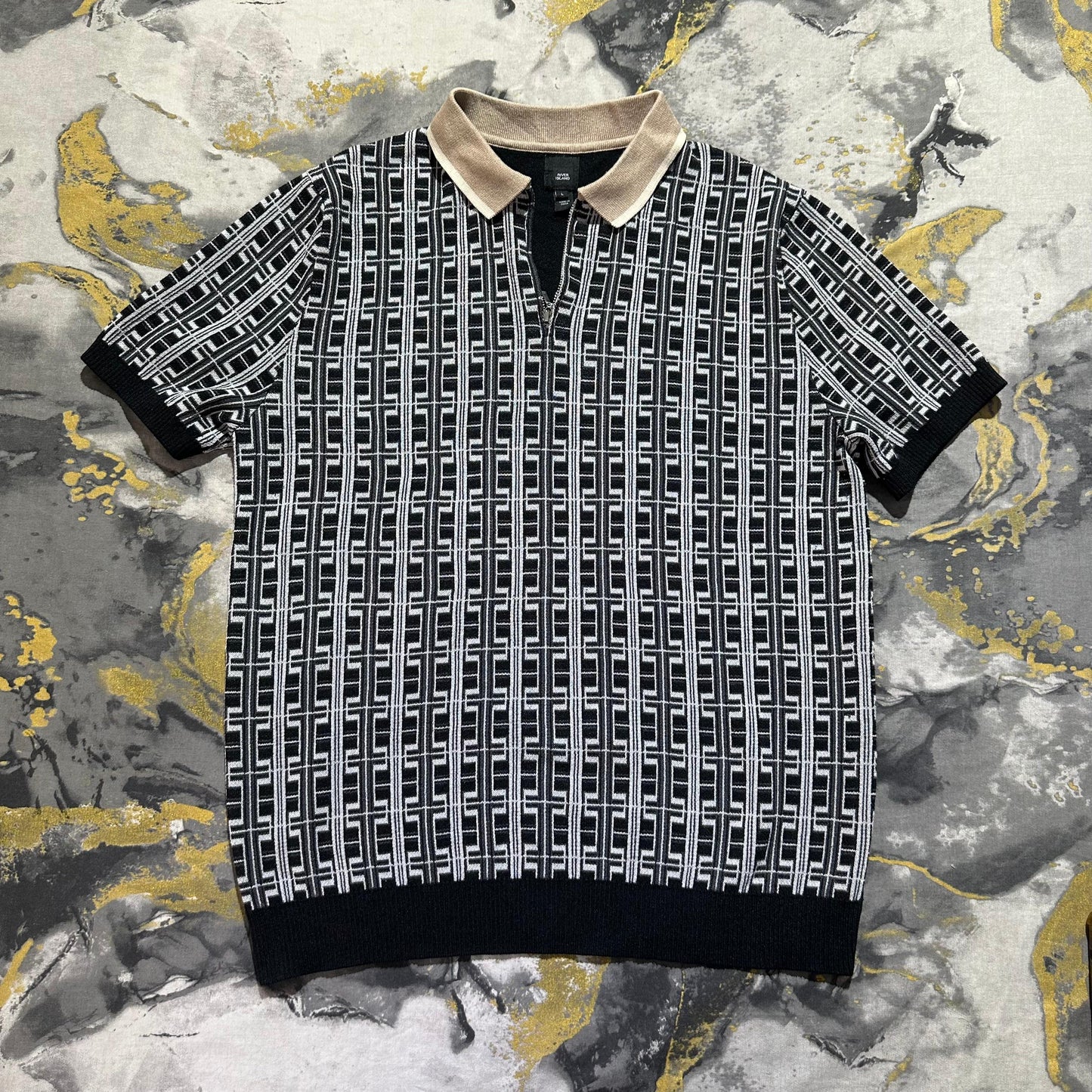 Black Patterned Zipper Polo