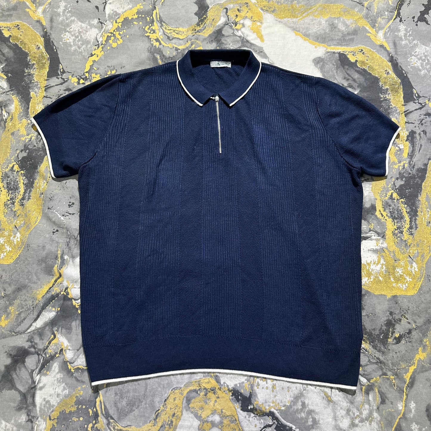 2XL Dark Blue Patterned Knitted Zipper Polo