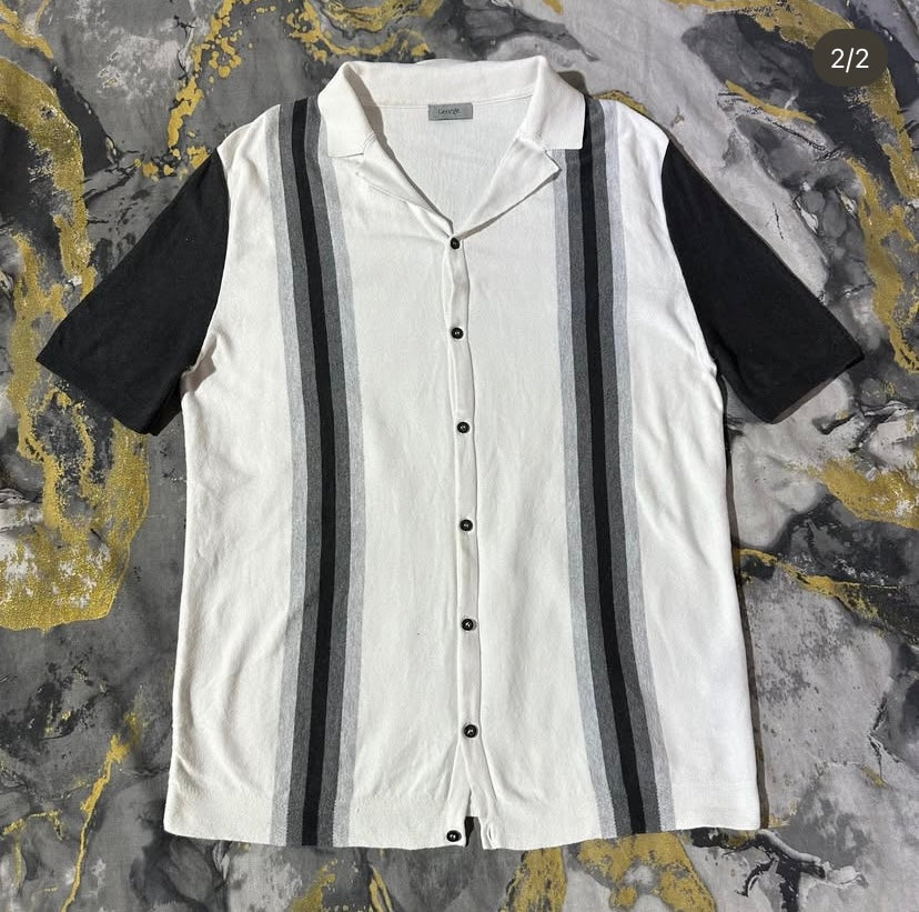 Black-White Striped Button Down Polo