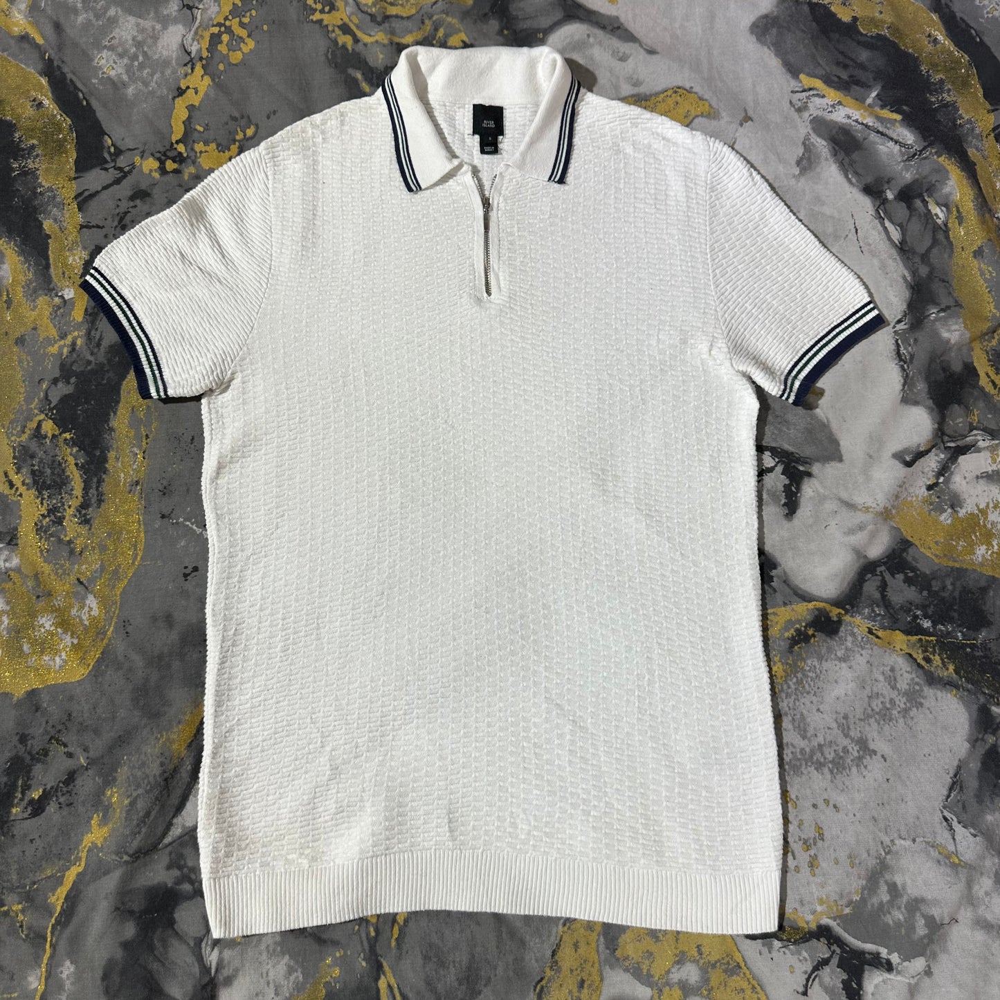 White Patterned Knitted Zipper Polo