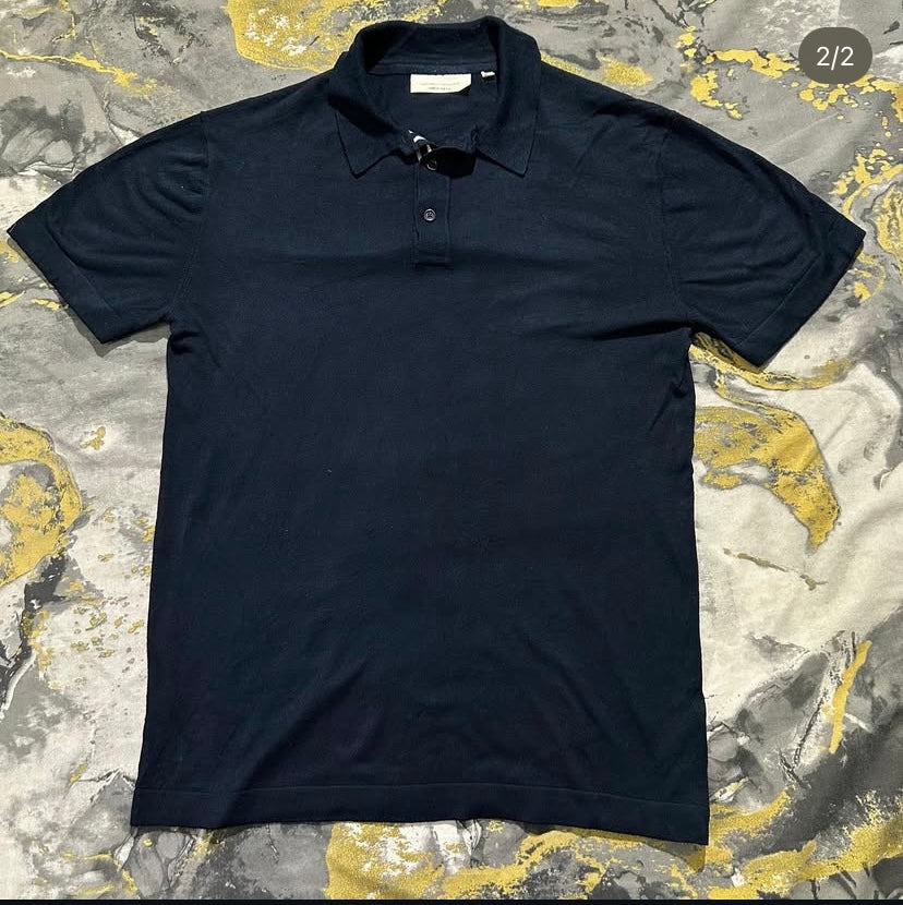 Navy-Blue Silk Cotton Buttoned Polo