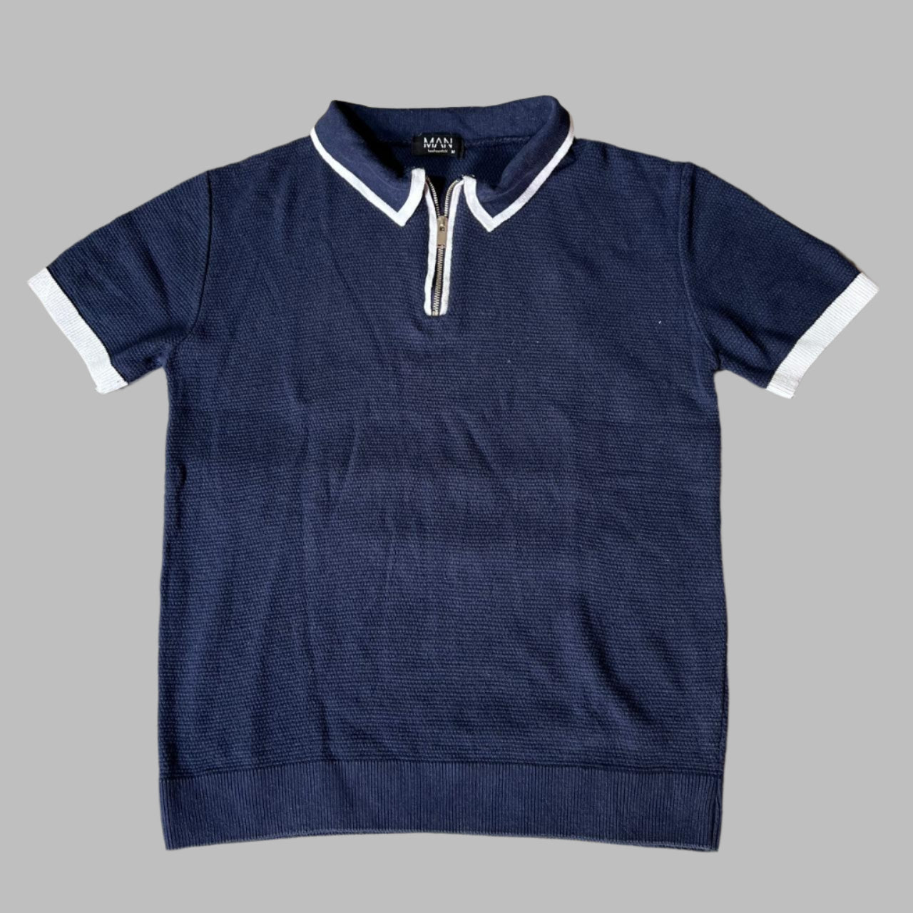 Navy Blue Textured Knit Half Zipper Polo
