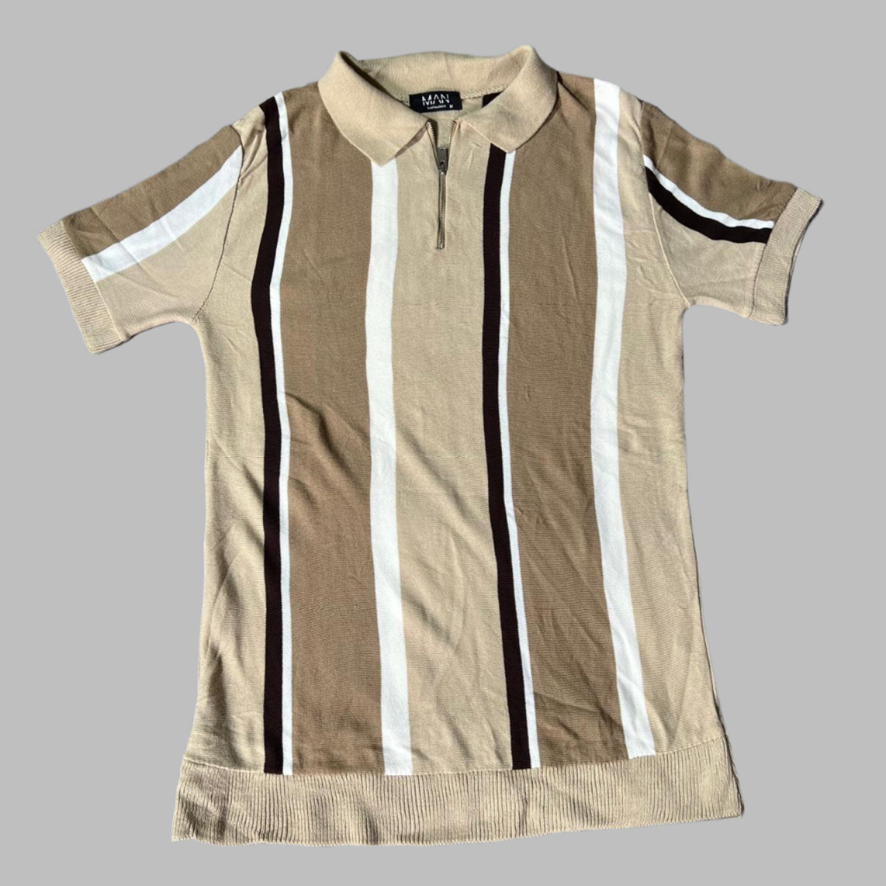 Beige Multi Color Knitted Zipper Polo