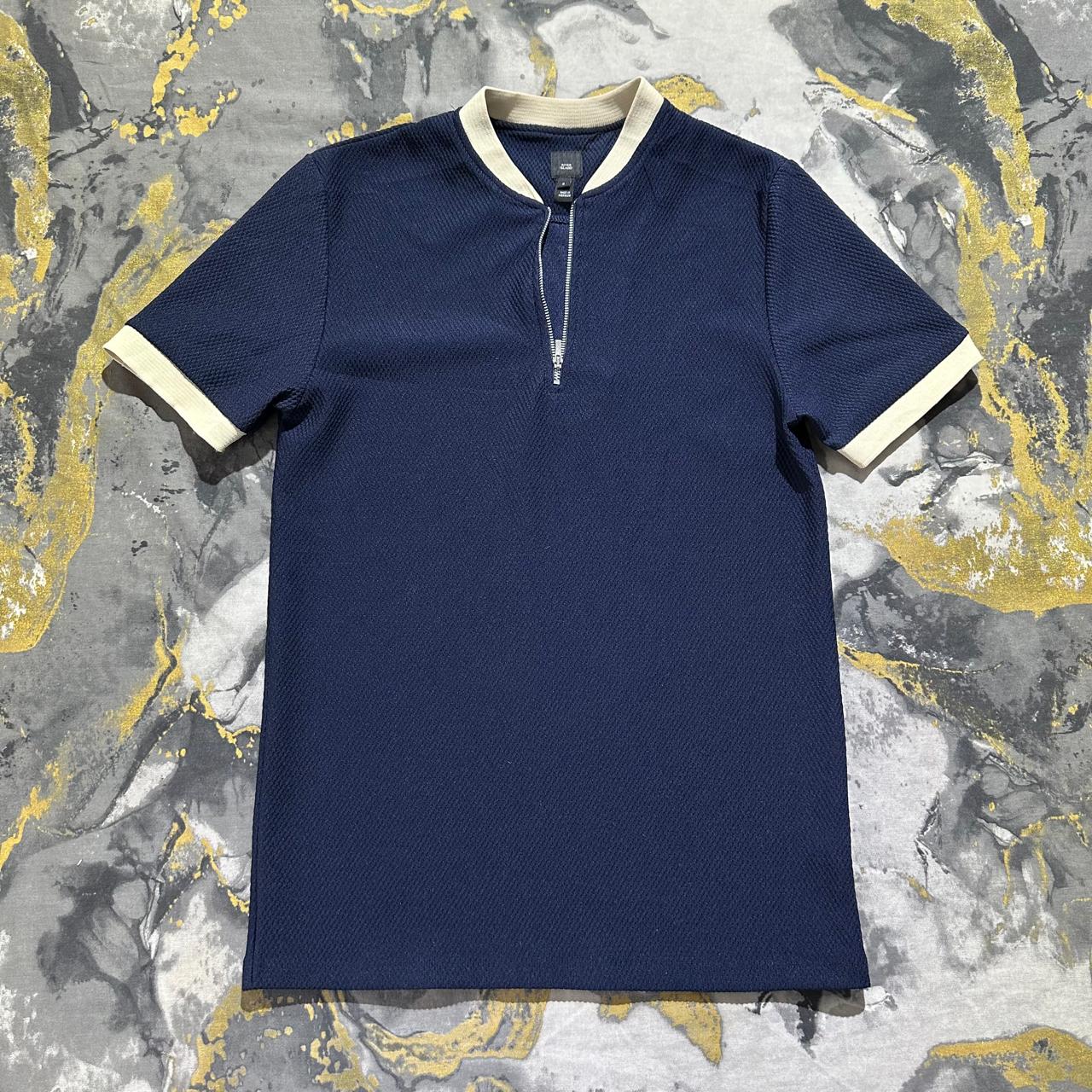 Grainy Textured Dark Blue Knitted Zipper Polo