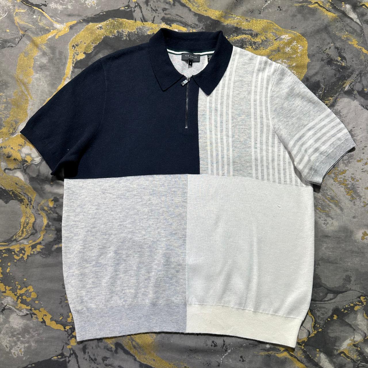 Ted Baker Blue and White Zipper Knit Polo