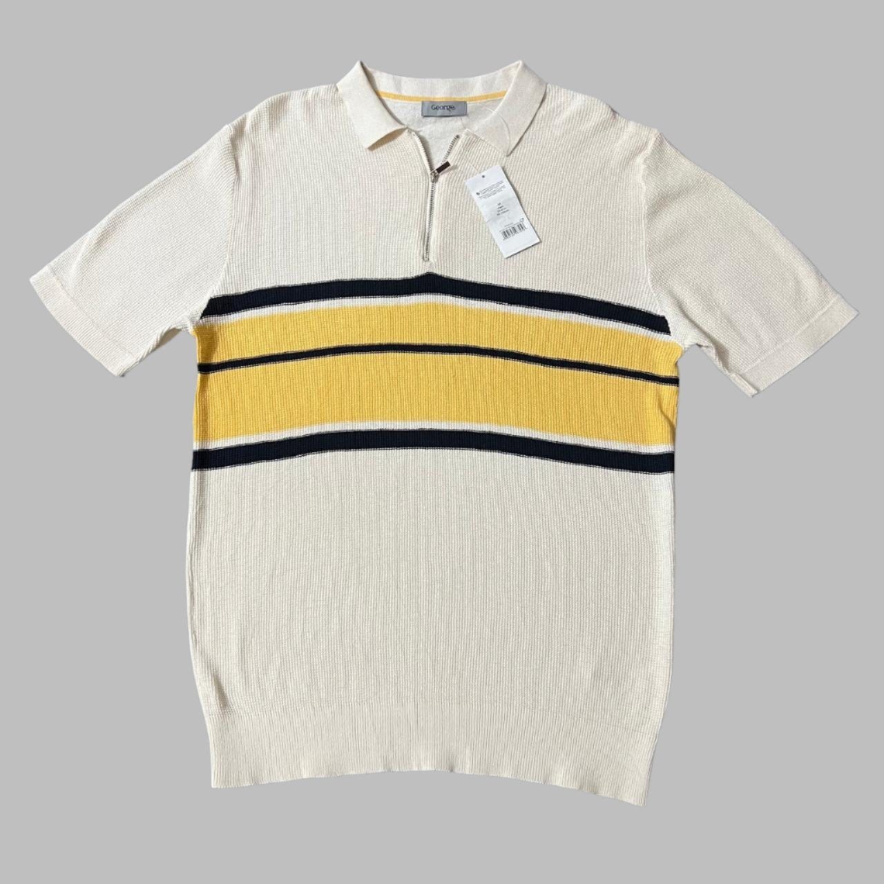 Cream White/Yellow Stripes Soft Touch Cotton Half Sleeves Zipper