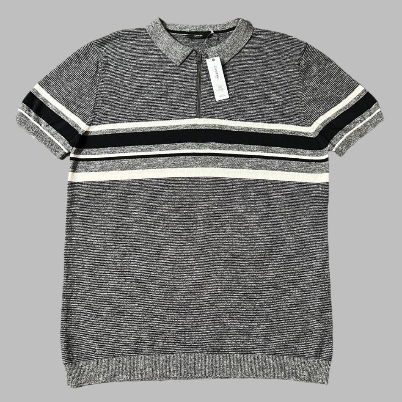 Grey Stripes Knit Half Sleeves Zipper