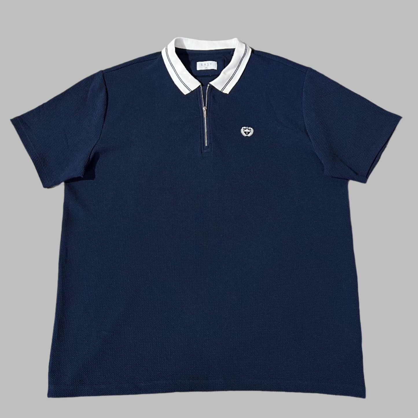 Dark Blue Textured Knit Half Sleeves Zipper Polo