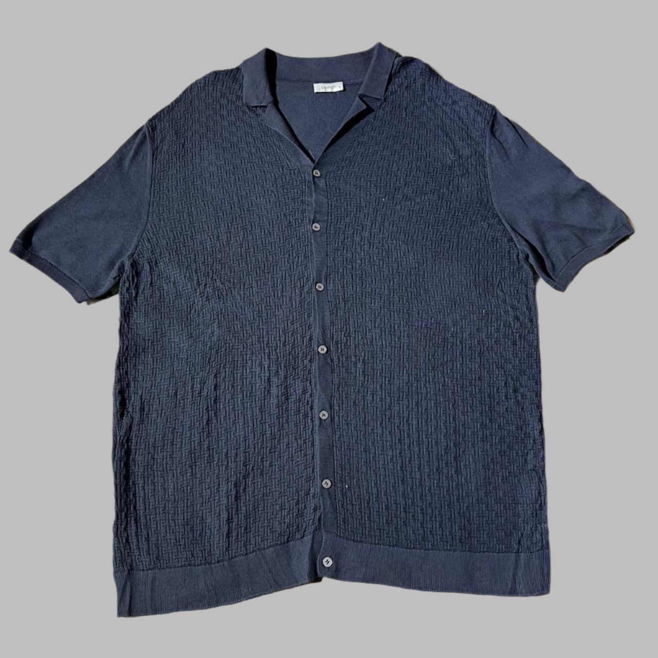 Blue Patterned Knit Half Sleeves Buttoned Down