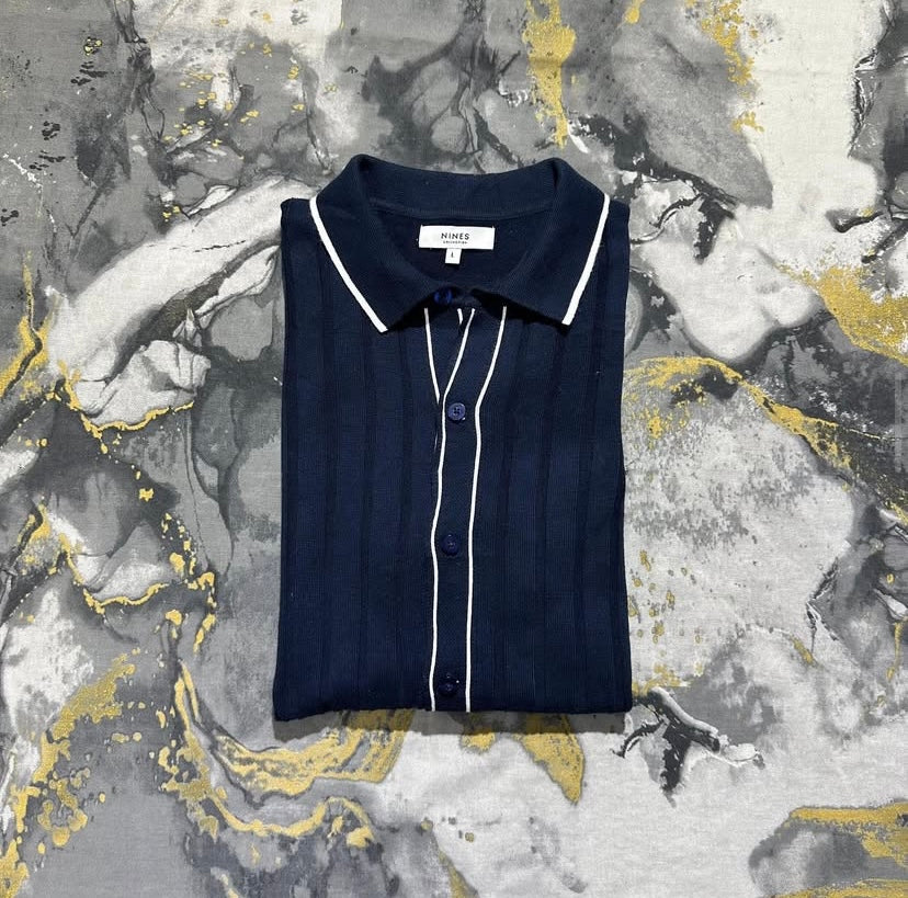 Navy Blue Knitted Button Down Polo