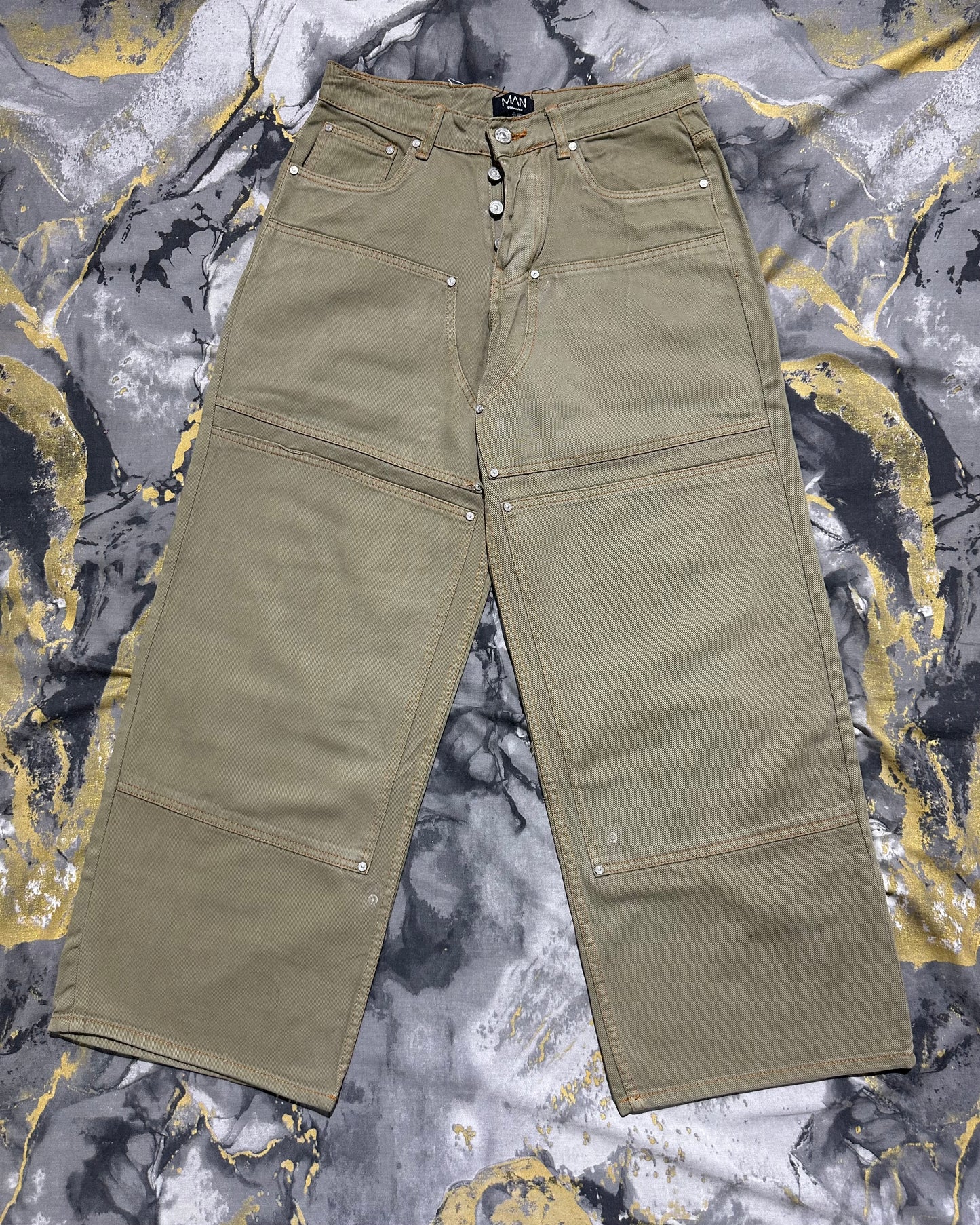 BOOHOO MAN Light Olive Green Cotton Baggy Jeans