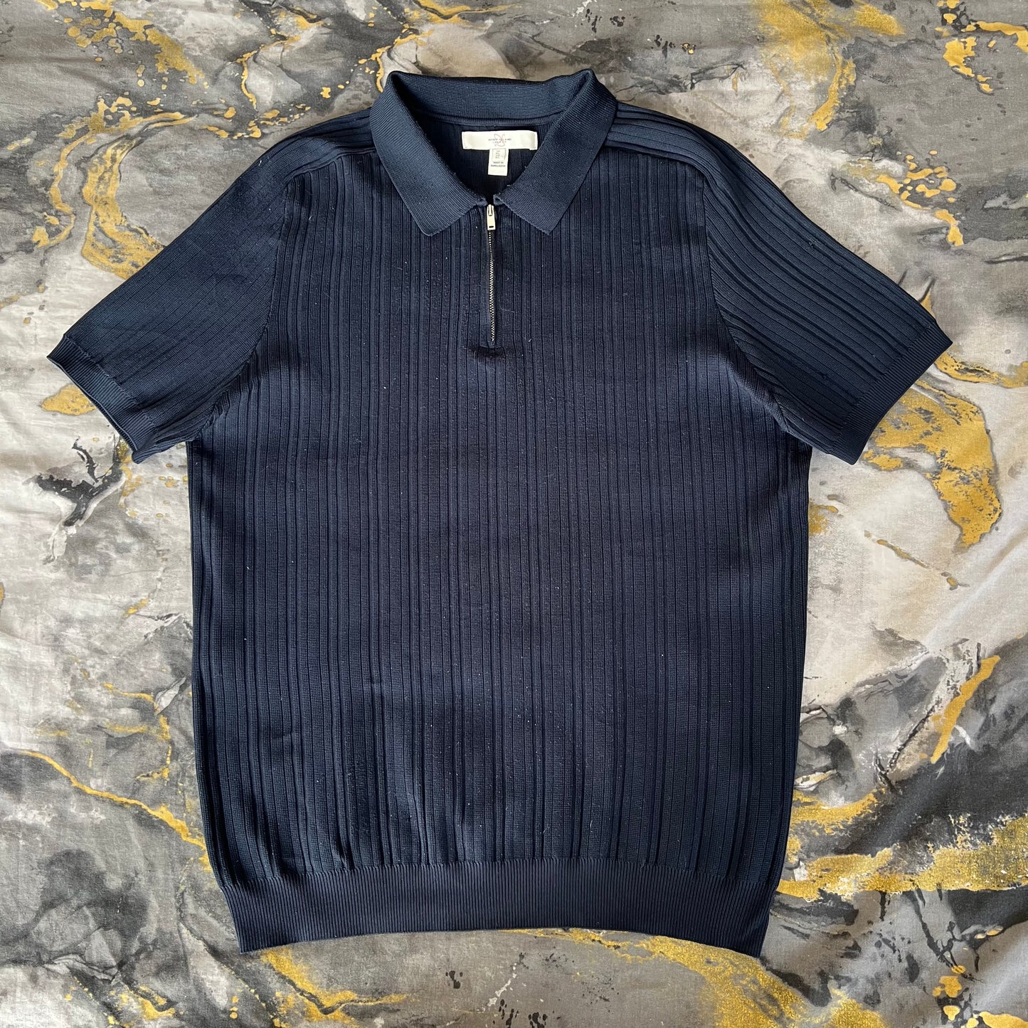 Dark Blue Ribbed Zipper Polo