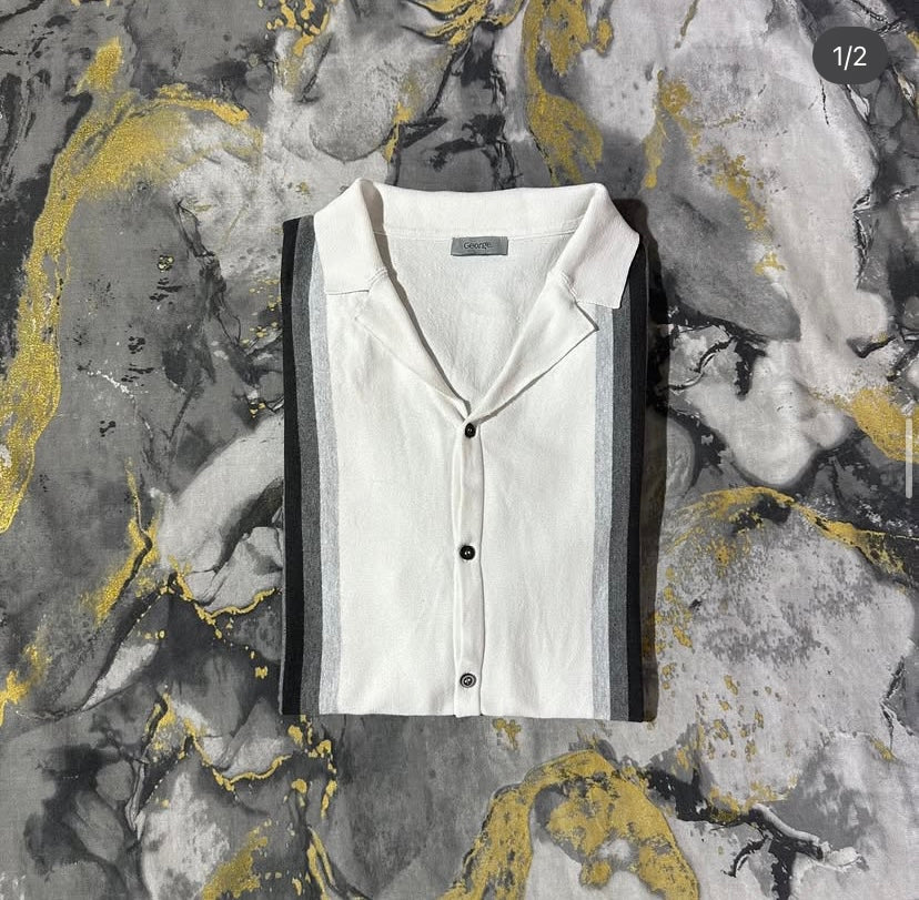 Black-White Striped Button Down Polo