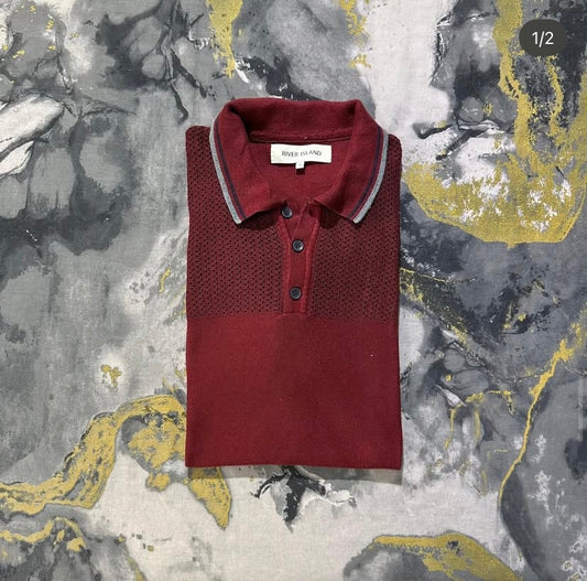 Wine Red Dotted Patterned Knitted Polo