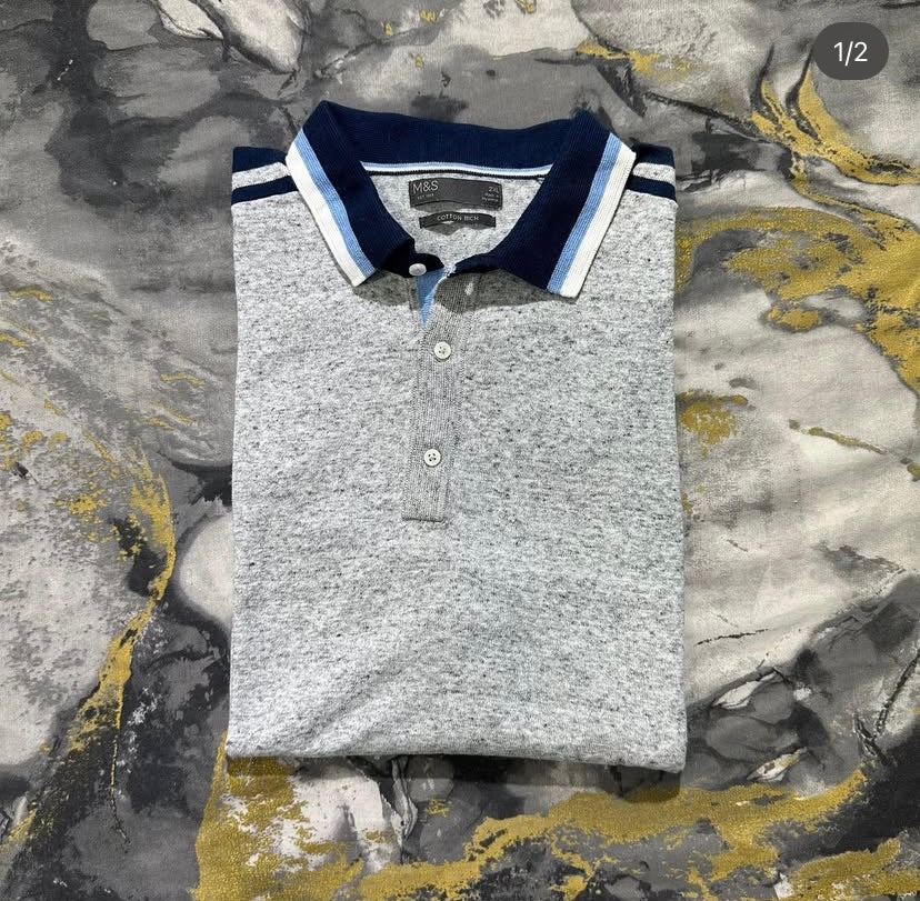 Two Toned Collar Gray Knitted Soft Cotton Polo