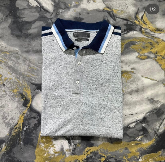 Two Toned Collar Gray Knitted Soft Cotton Polo